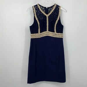 Lilly Pulitzer Leigh stretch sheath shift dress navy blue gold circle mesh 4